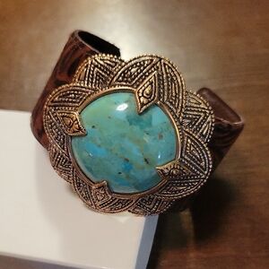 Barse Tooled Leather Brasd and Turquoise Cuff Bracelet